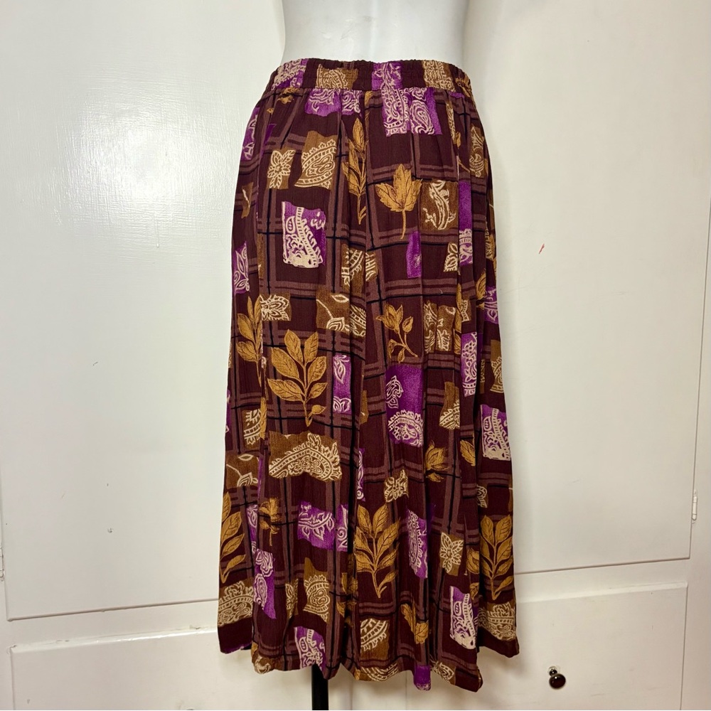 Vintage 90s Sag Harbor Brown Purple Boho Paisley Button Up Rayon Midi Skirt - Picture 3 of 4